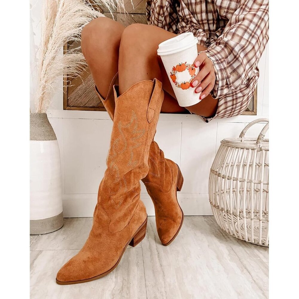 Women Embroidered Pull-On Chunky Stacked Heel Knee High Western Boots Yellow - Picture 3 of 5